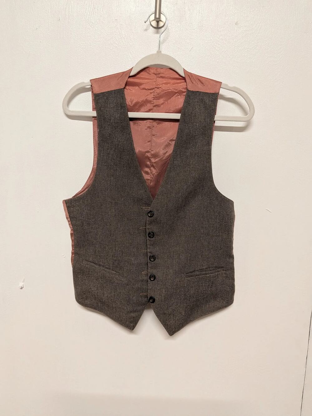 Brown Textured Reversible Suit Vest With Satin Back, Size M